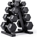 Rubber‑Coated Hex Dumbbell Set With Storage Rack