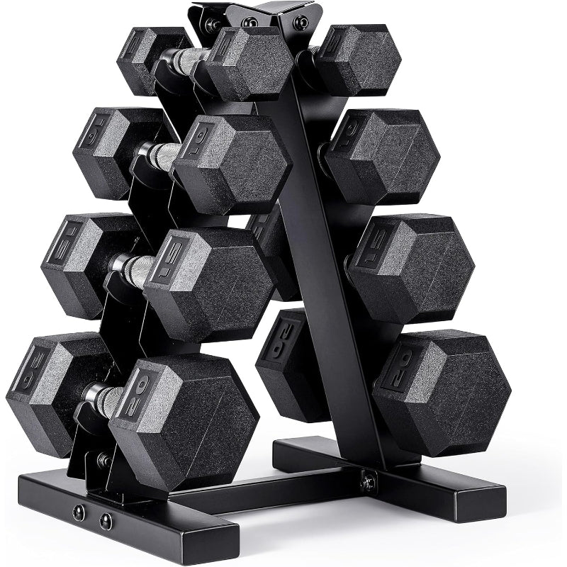 Rubber‑Coated Hex Dumbbell Set With Storage Rack