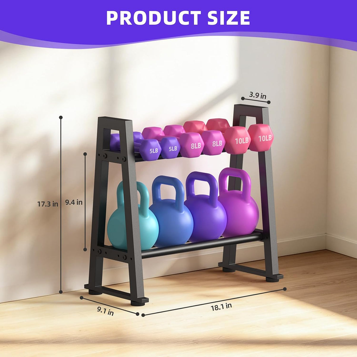Compact A‑Frame Dumbbell Kettlebell Storage Rack