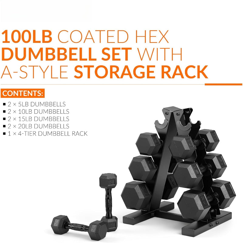 Rubber‑Coated Hex Dumbbell Set With Storage Rack